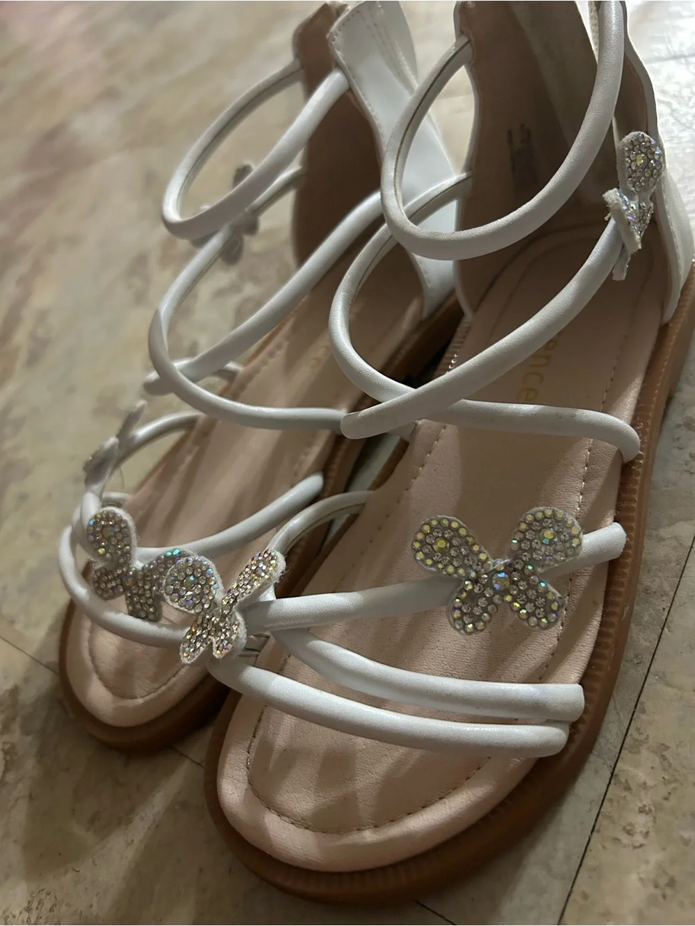 Girls White Rhinestone Butterfly Strappy Sandals